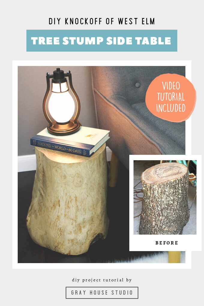 A DIY tutorial showing how to make a much cheaper version of the West Elm Stump Side table. This tutorial also includes a video step by step guide to show you how to get an expensive looking DIY log side table without the high price tag. This stump side table makes for an adorable addition to a woodland themed nursery.  