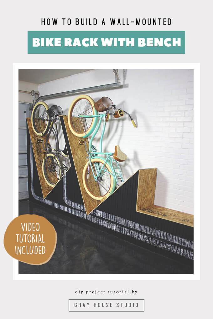 A DIY tutorial showing how to build a wall-mounted bike rack out of wood to store your bikes up against the wall in a garage. The bike rack also includes a bench that could be used to store additional bike supplies. This DIY bike rack step by step guide includes a video tutorial.