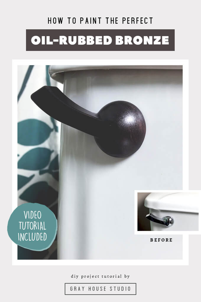 A tutorial showing how to give bathroom hardware a makeover by painting toilet handles and faucets the perfect oil-rubbed bronze finish. In this tutorial we show how we gave a silver toilet handle and upgrade by giving it an oil-rubbed bronze finish that matches our door handles. A video tutorial is also included in this DIY home renovation project how-to.