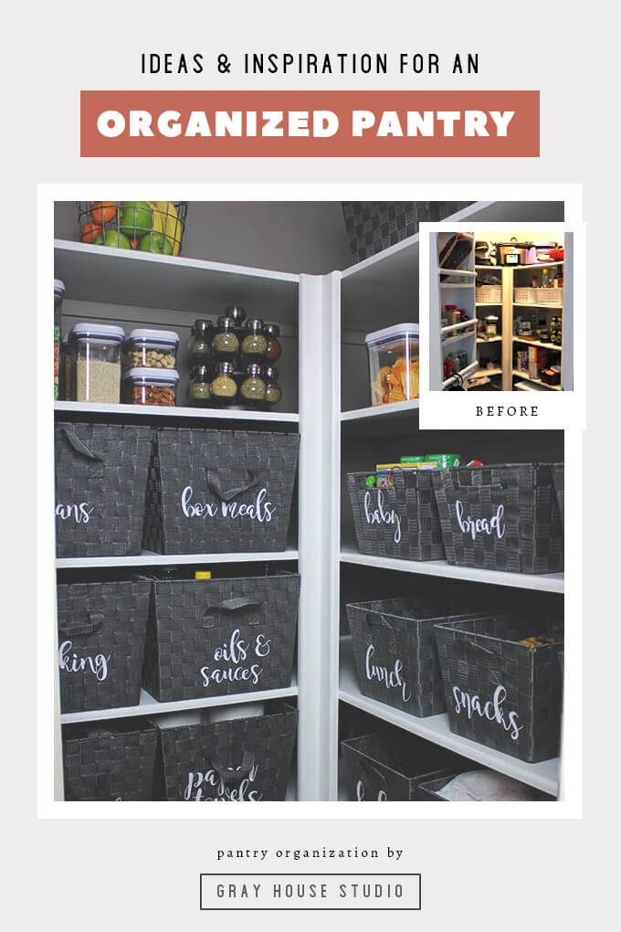 Clean up the clutter of your pantry with just a few inexpsenive items. Baskets and plastic containers can turn a messy pantry into an organized pantry in no time. 