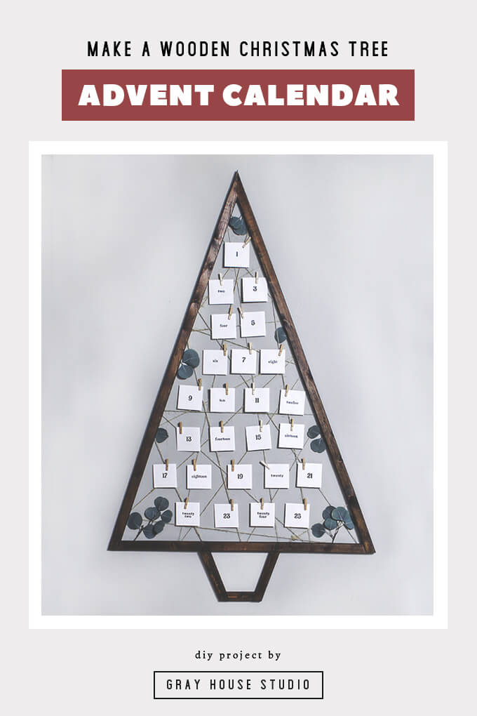 A simple DIY showing how to make a wooden tree advent calendar. This versatile rustic decor piece could be used during the holidays as an advent calendar or to hand Christmas cards. It could be used at parties or weddings to display photos or used in a playroom to display children's art! This post contains DIY building plans as well as a video tutorial!